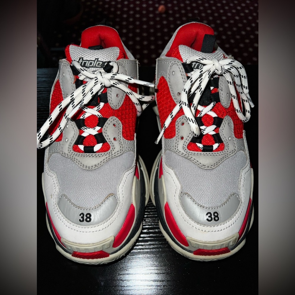 BALENCIAGA TRIPLE S RED & GREY SHOES SIZE 38